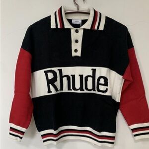 Rhude Black White Red Logo Rugby Crewneck Sweater